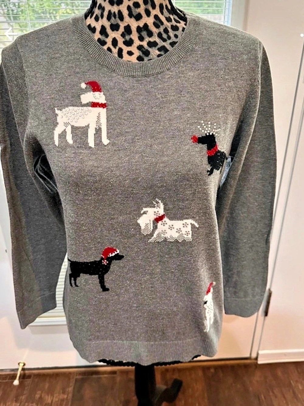 Rebecca Malone Gray Dog Motif Crew Neck